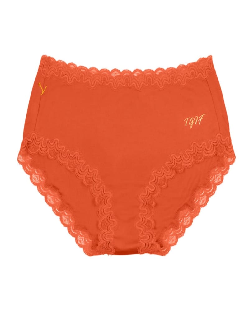Front of a size 2XLarge Soft Silks Days of the Week Panties in TGIF in Spicy Orange by Uwila Warrior. | dia_product_style_image_id:285127